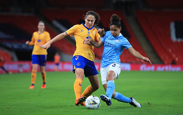 Ingrid Moe Wold of Everton is challenged by Demi Stokes of Manchester City during the Vitality Women's FA Cup Final match between Everton Women and Manchester City Women at Wembley Stadium on November 01, 2020 in London, England.